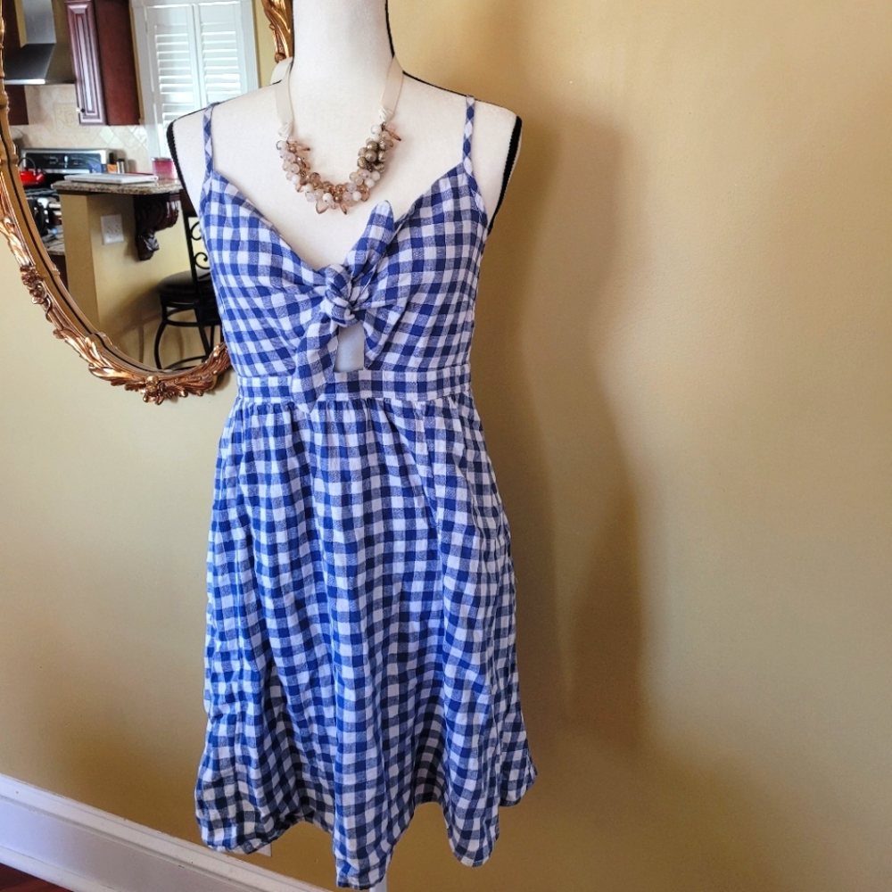 Nwt New Old Navy blue white checkered tie front strap dress womens medium